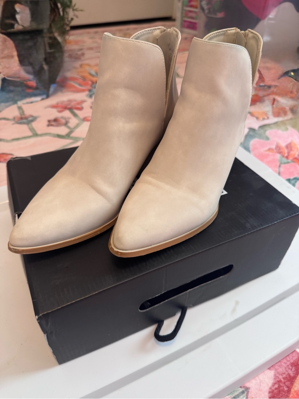 ShuShop Ivory Pointed Toe Ankle Booties with Side Zip